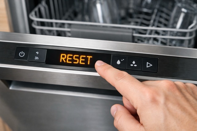 Zbliżenie na panel sterowania nowoczesnej zmywarki – na cyfrowym wyświetlaczu widoczny jest napis „RESET”, a ludzka dłoń wskazuje palcem komunikat błędu na ekranie urządzenia.